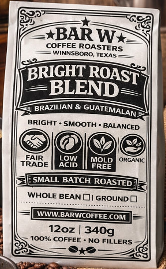 Bright Roast Blend Guatemala/Brazil GROUND BEAN 12oz Organic, Mold Free, Low Acid, Fair Trade, Hand Picked. (Limited Batch)